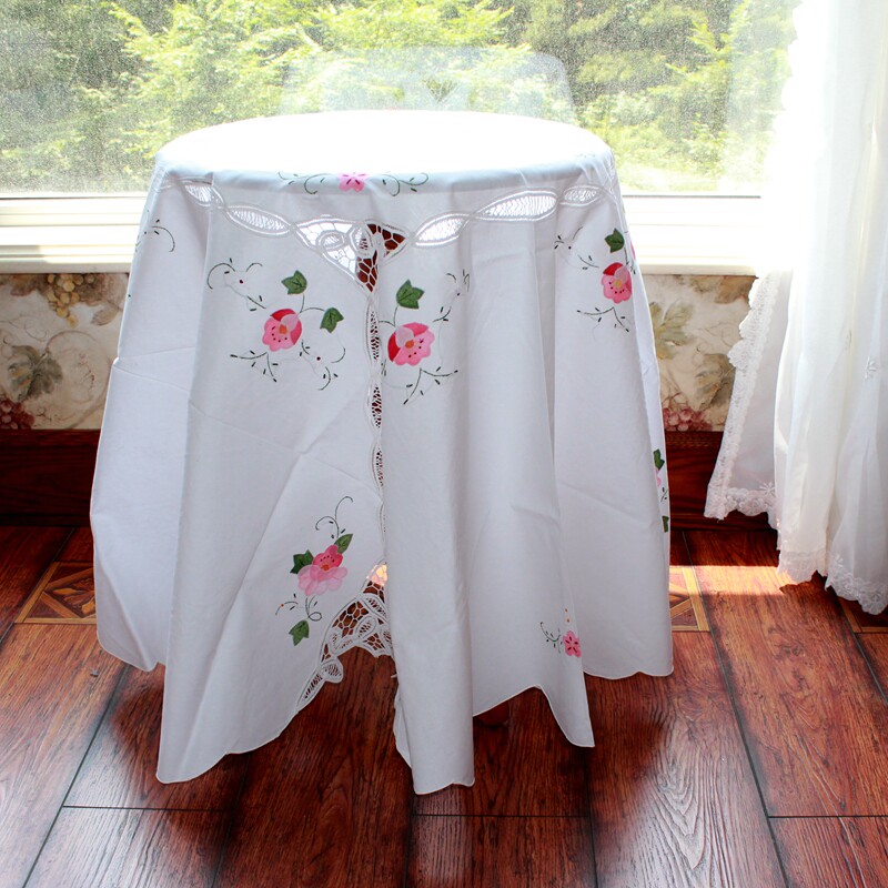 幸福贴花圆桌底色白底色纯棉绣花满满补花手工桌布