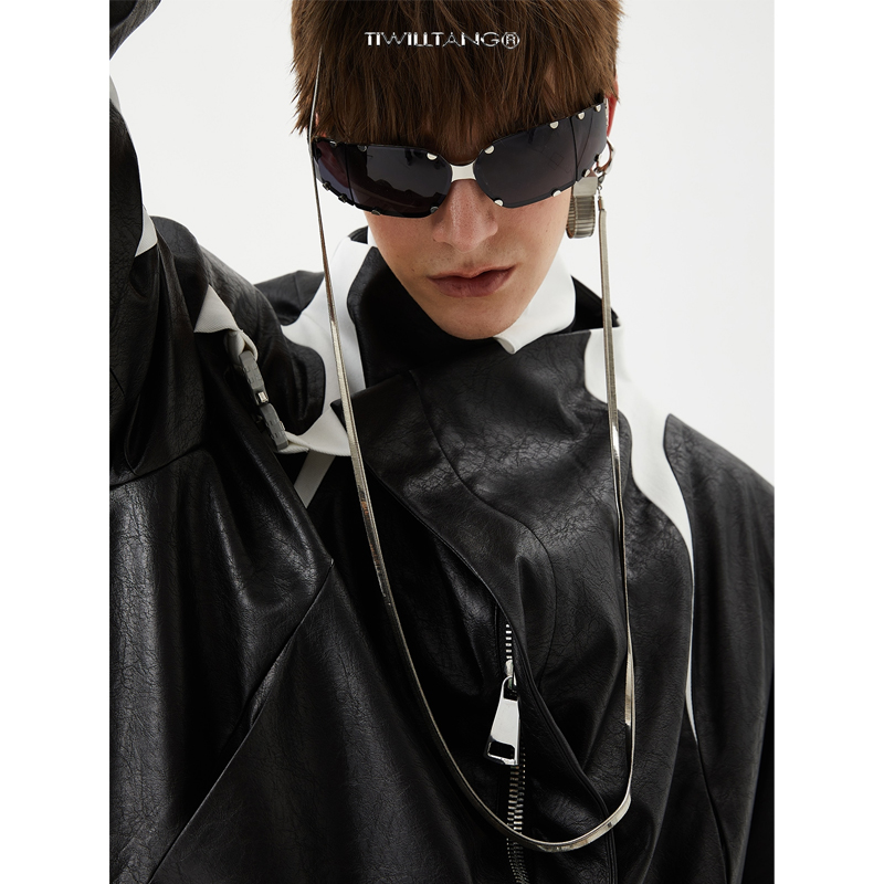 TIWILLTANG启世录 WISH 时装原创立体斜门襟拼接皮短夹克