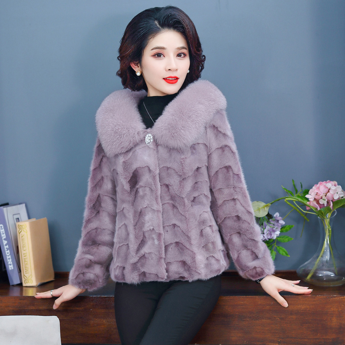 新款拼貂大衣貂皮领水毛领水海宁狐狸短款外套皮草