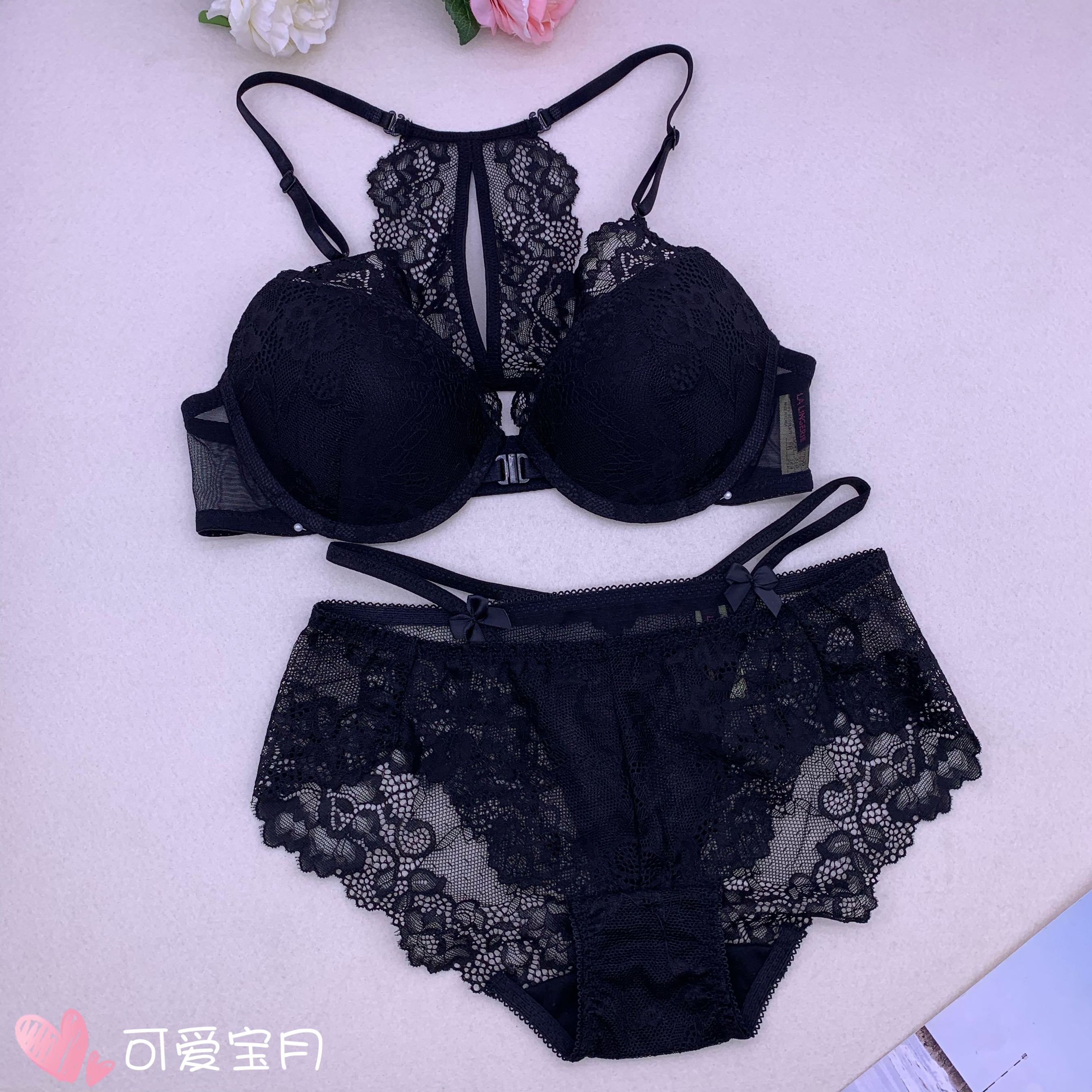 韩国lalingerie蕾丝内衣前扣美背性感聚拢舒适黑色文胸