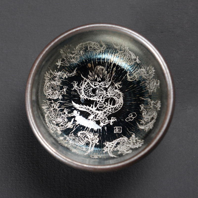 银杯子999纯银大号九龙银盏杯纯手工功夫茶具建盏铁胎茶杯主人杯