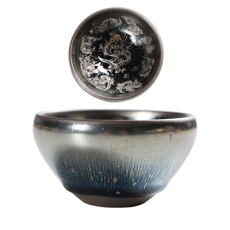 银杯子999纯银大号九龙银盏杯纯手工功夫茶具建盏铁胎茶杯主人杯