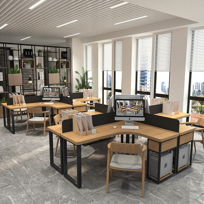 办公桌办公室职员员工多人4人卡座转角弧形实木办公电脑桌