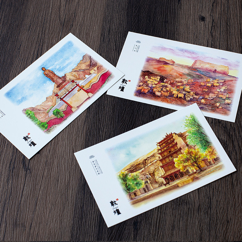 敦煌水彩手绘明信片旅行文创特色纪念品礼品月牙泉贺卡
