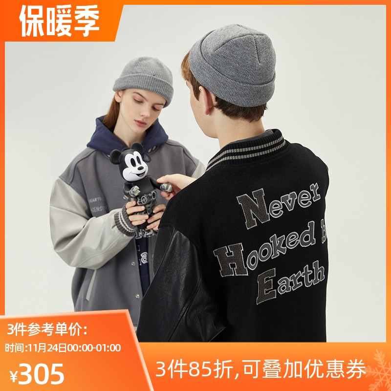 NOTHOMME 70%羊毛呢外套 学院风NHE刺绣PU皮拼接情侣夹克男棒球服