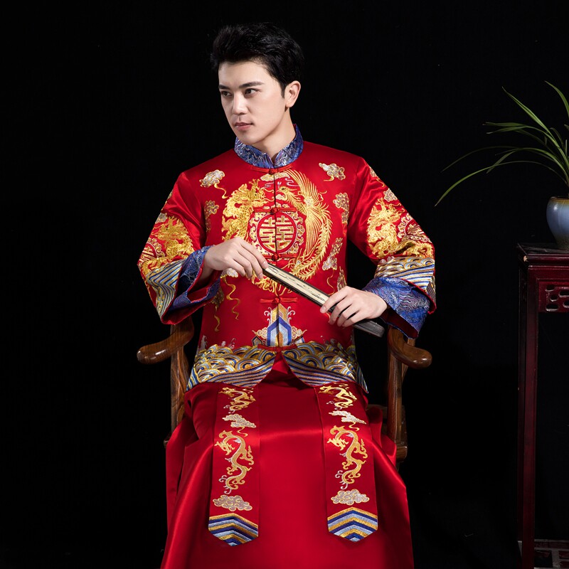 抖音同款中式结婚礼服秀禾服男装新郎男士敬酒服唐装长衫龙凤褂