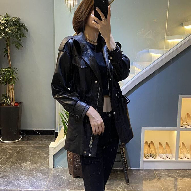 抖音林晨女装中长款收腰仿羊皮皮衣chic外套皮衣