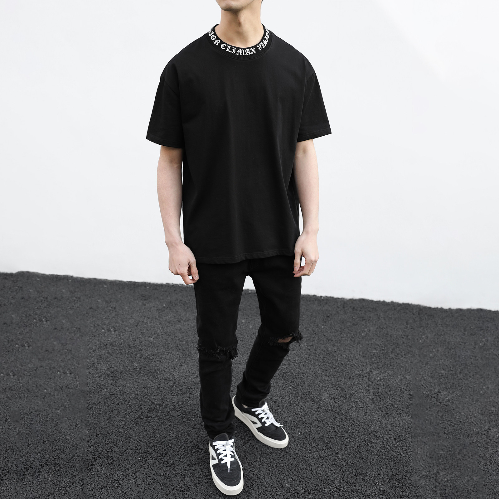 climaxvision哥特领口印花短袖情侣装潮流tee黑白t恤