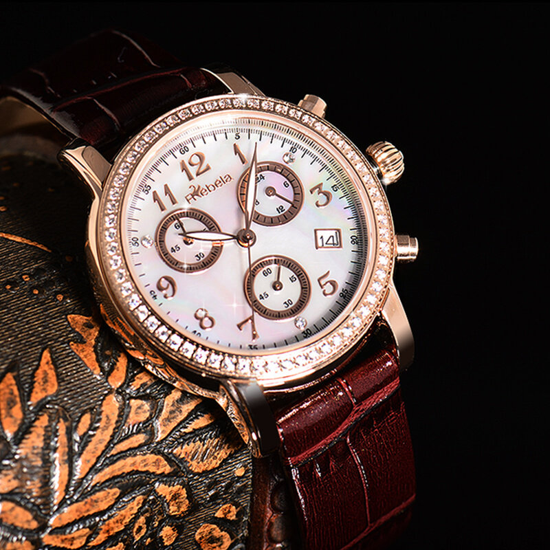 rebela瑞贝拉女士手表女防水时尚三眼多功能夜光贝母表小众女表