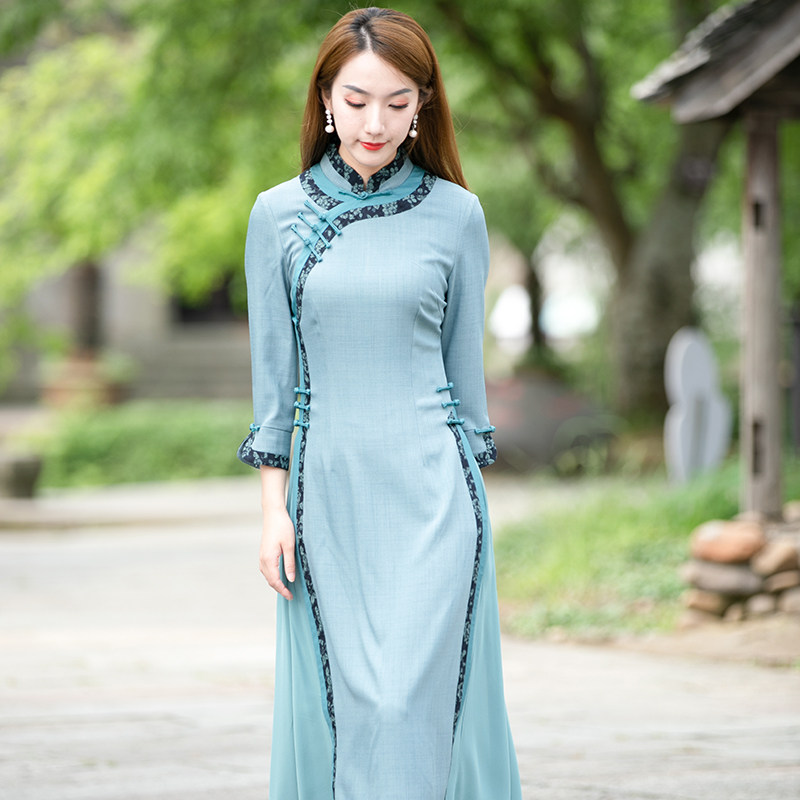 旗袍如意风奥黛款2022年新款长袖年轻修身出游今年连衣裙