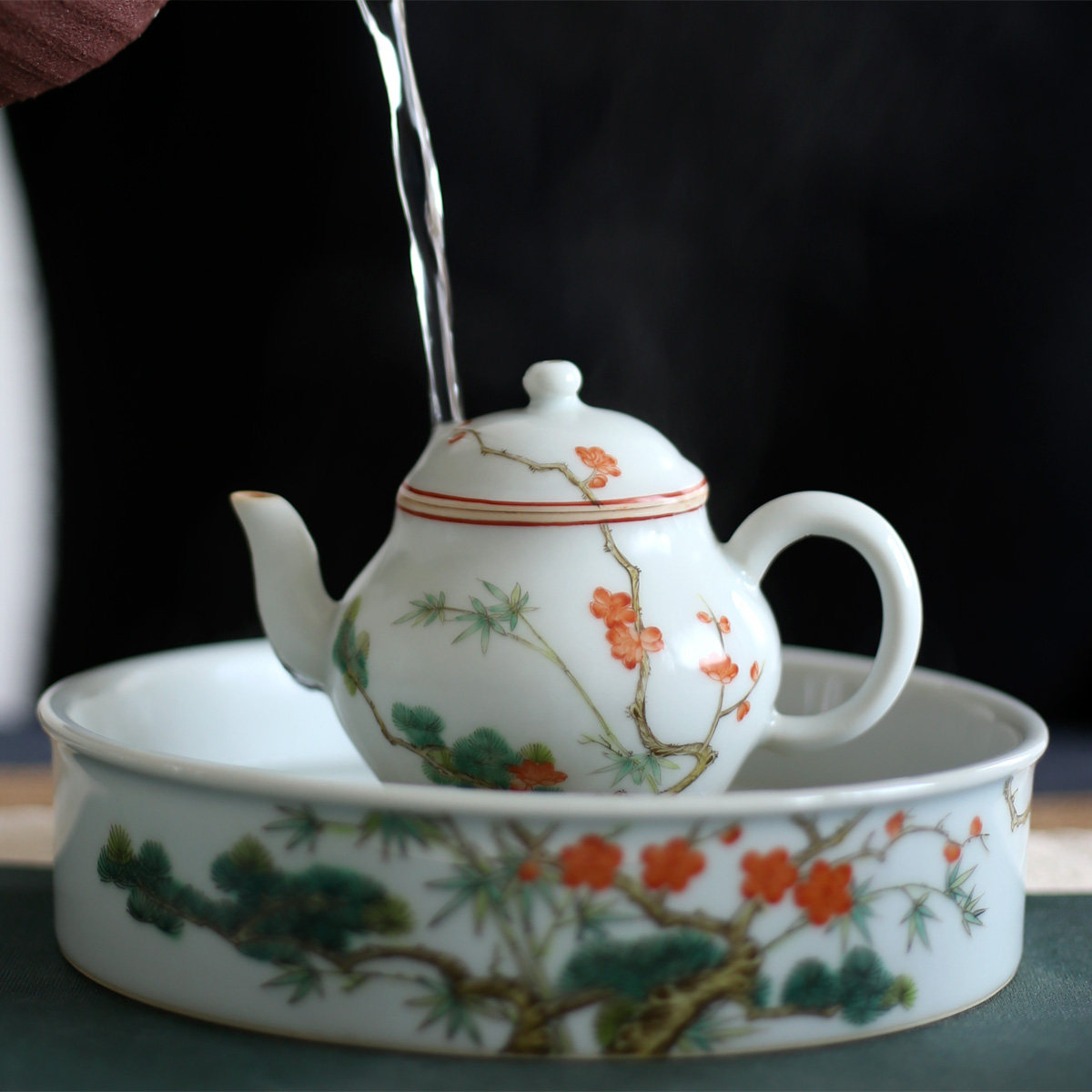 瓷盛元古彩松竹岁寒三友茶壶湿泡台壶承功夫功夫茶茶具盖碗