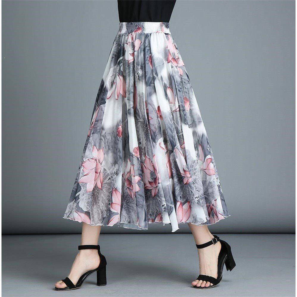 夏季大码印花雪纺中长裙大摆裙半身裙a字裙中长款松紧腰碎花裙子