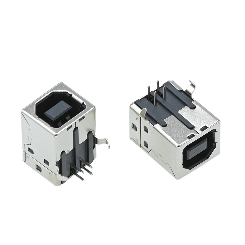 usb方口插座usbb90度弯针母座黑胶4p4针连接器