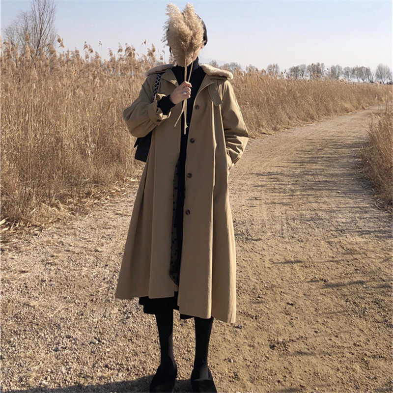 韩版宽松夹棉风衣外套女中长款收腰洋气英伦风棉服女冬季学生森系