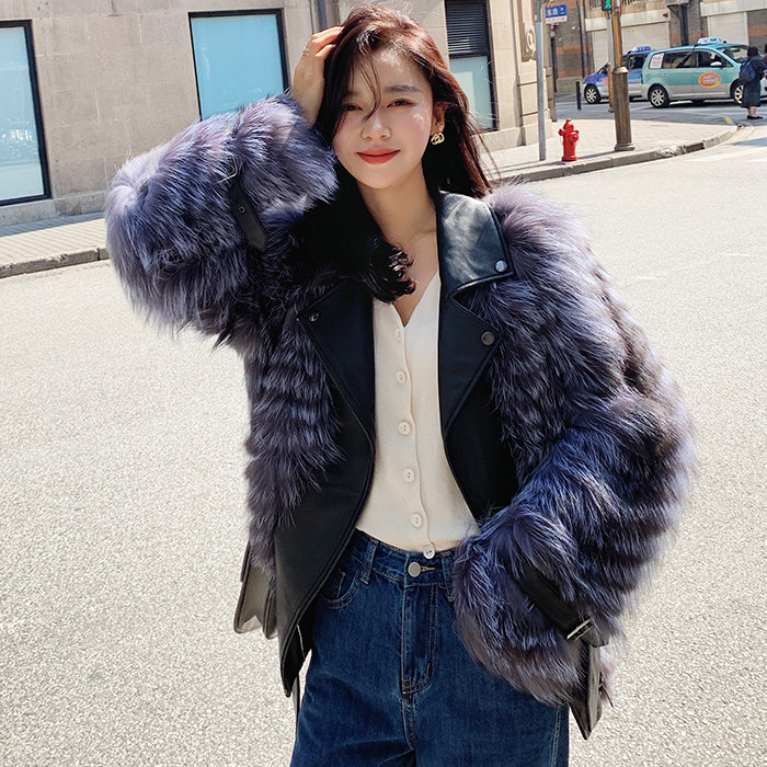 2020车条皮毛翻领机车尚显时尚拼接女车新款皮草