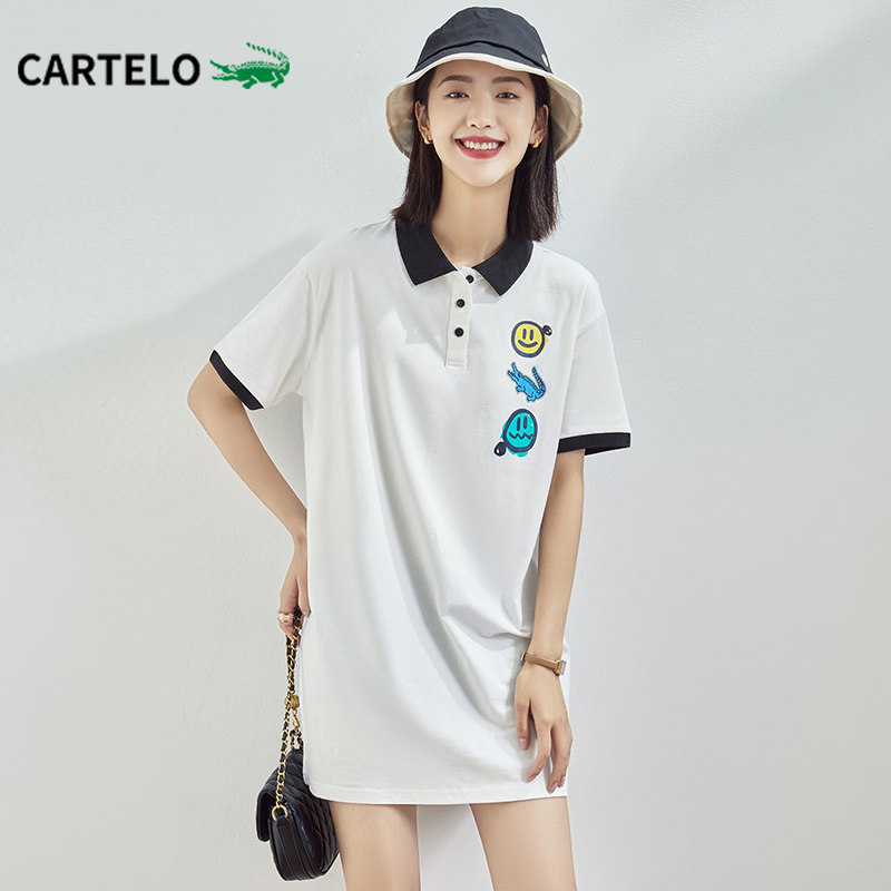 卡帝乐鳄鱼女装纯色polo裙2022春夏新款笑脸印花休闲直筒连衣裙女