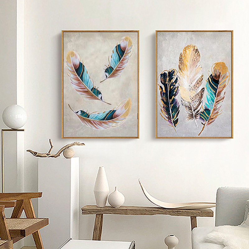 手绘油画现代客厅组合二联画抽象羽毛装饰画手工油画