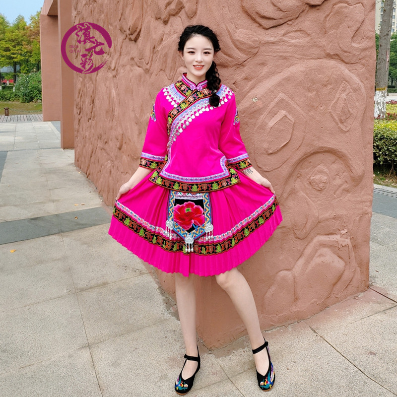 红色新款贝壳女装傈僳族短裙套装两件件套民族服装