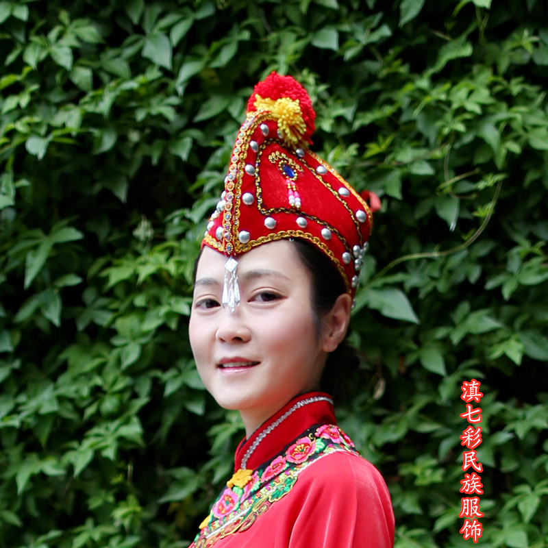 公鸡鸡冠胭盒彝族演出黑色帽彝民族女帽帽子