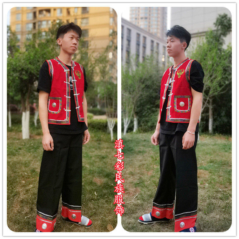 云南少数民族火把节服饰佤族男装长裤牛头套装马甲其他民族服装