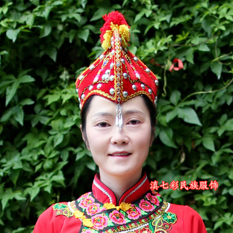 公鸡鸡冠胭盒彝族演出黑色帽彝民族女帽帽子