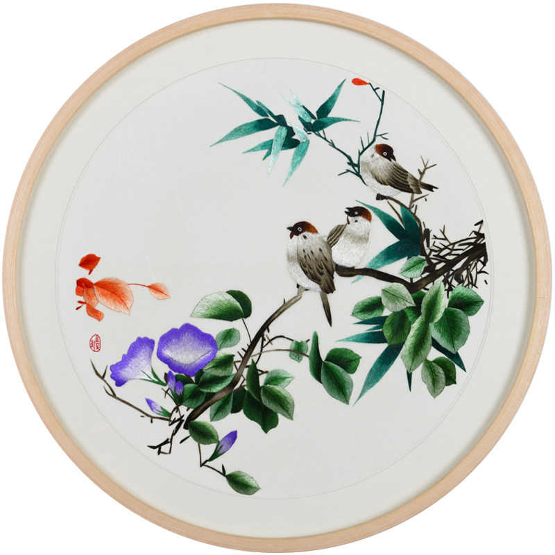 金吴针 纯手工苏州刺绣苏绣成品挂画玄关餐厅卧室圆框装饰画 花鸟