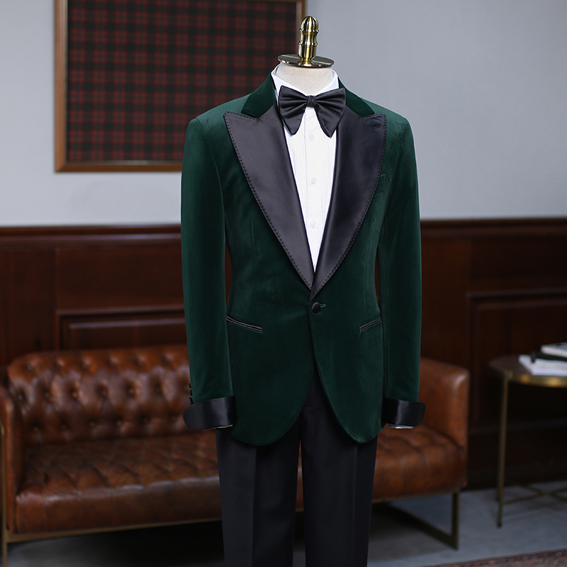 IsirHonour轻奢宴会绅士高定戗驳领男礼服祖母绿丝绒西装英伦西服