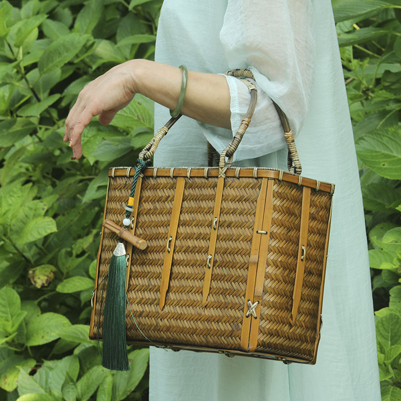 竹编茶道茶具收纳包仿古文艺简约复古手提包女送竹编