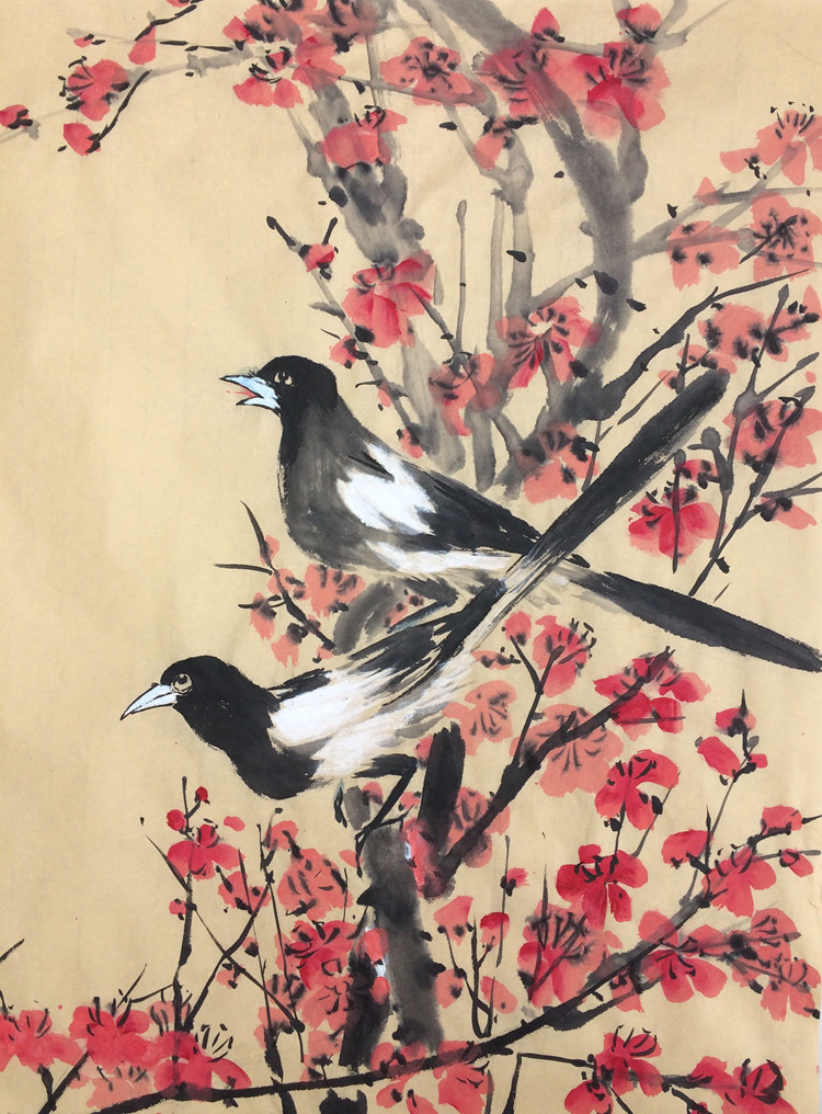 竹梅双喜图喜上梅梢喜鹊梅花花鸟国画宣纸画斗方餐厅挂画纯手绘