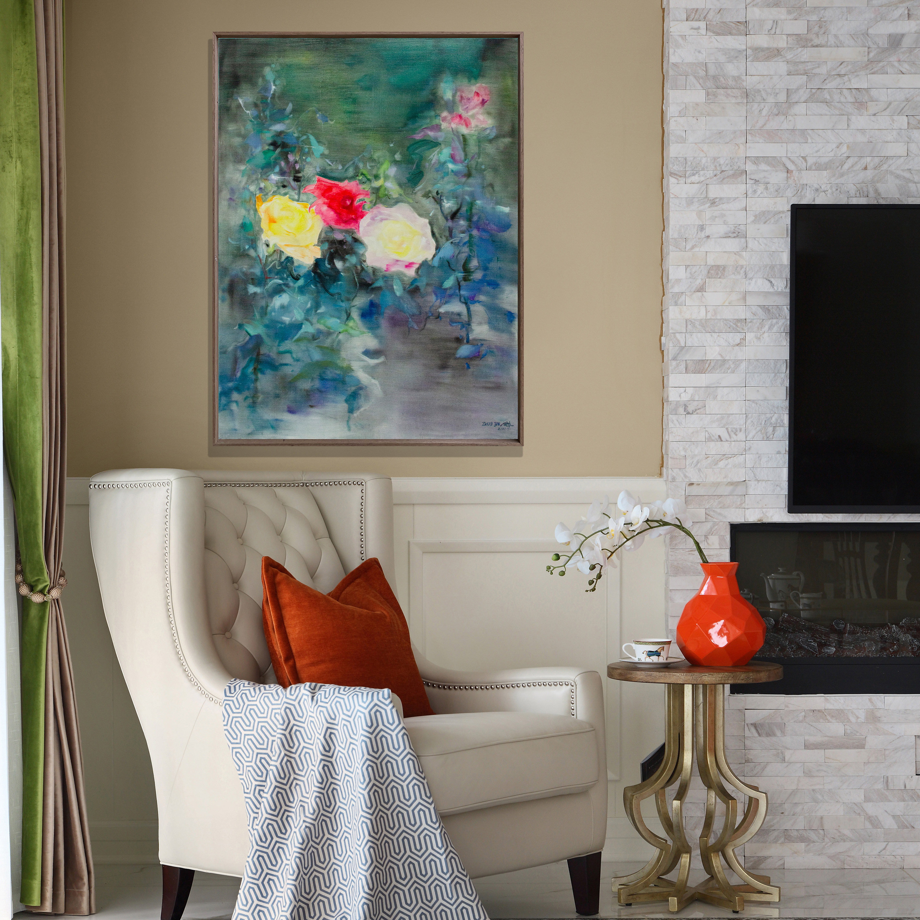 绽放原创手绘签名油画简约现代轻奢客厅玄关油画