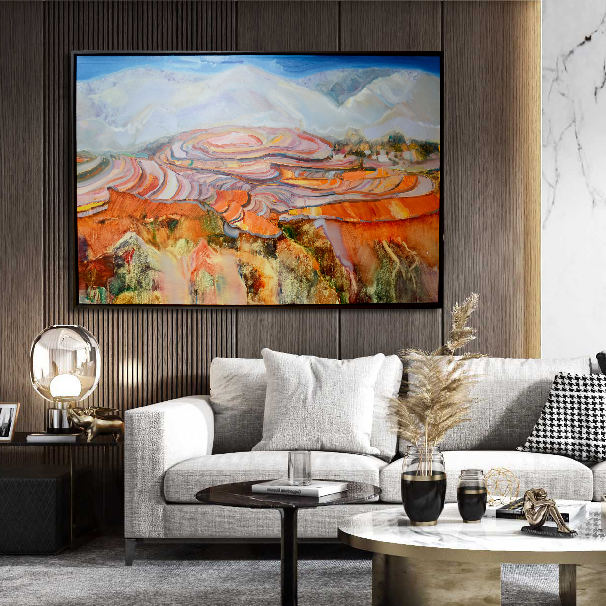 那山中式新中式木框书房实木客厅油画风景手绘油画