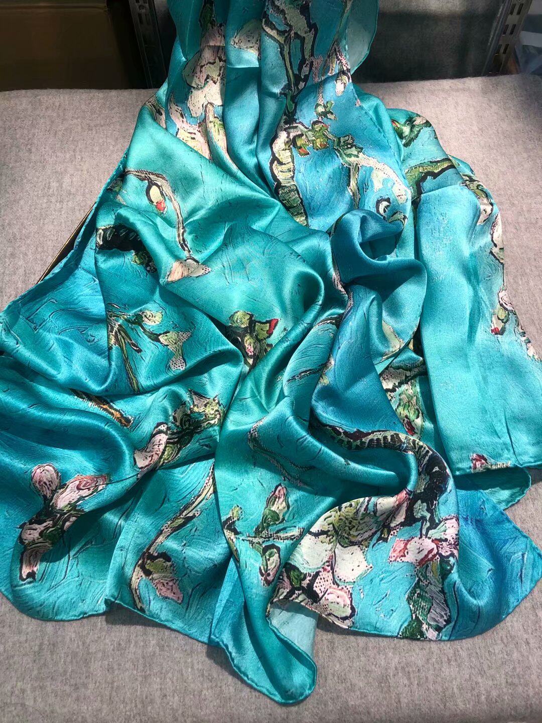 蚕丝桑蚕真丝手工卷边长巾蓝色两用丝巾旗袍围巾