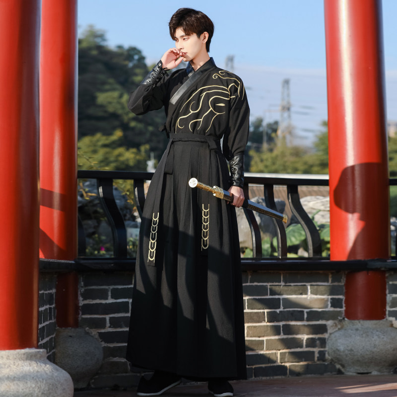 中国国风原创男装大码黑色长袖汉服男古装夜行汉服