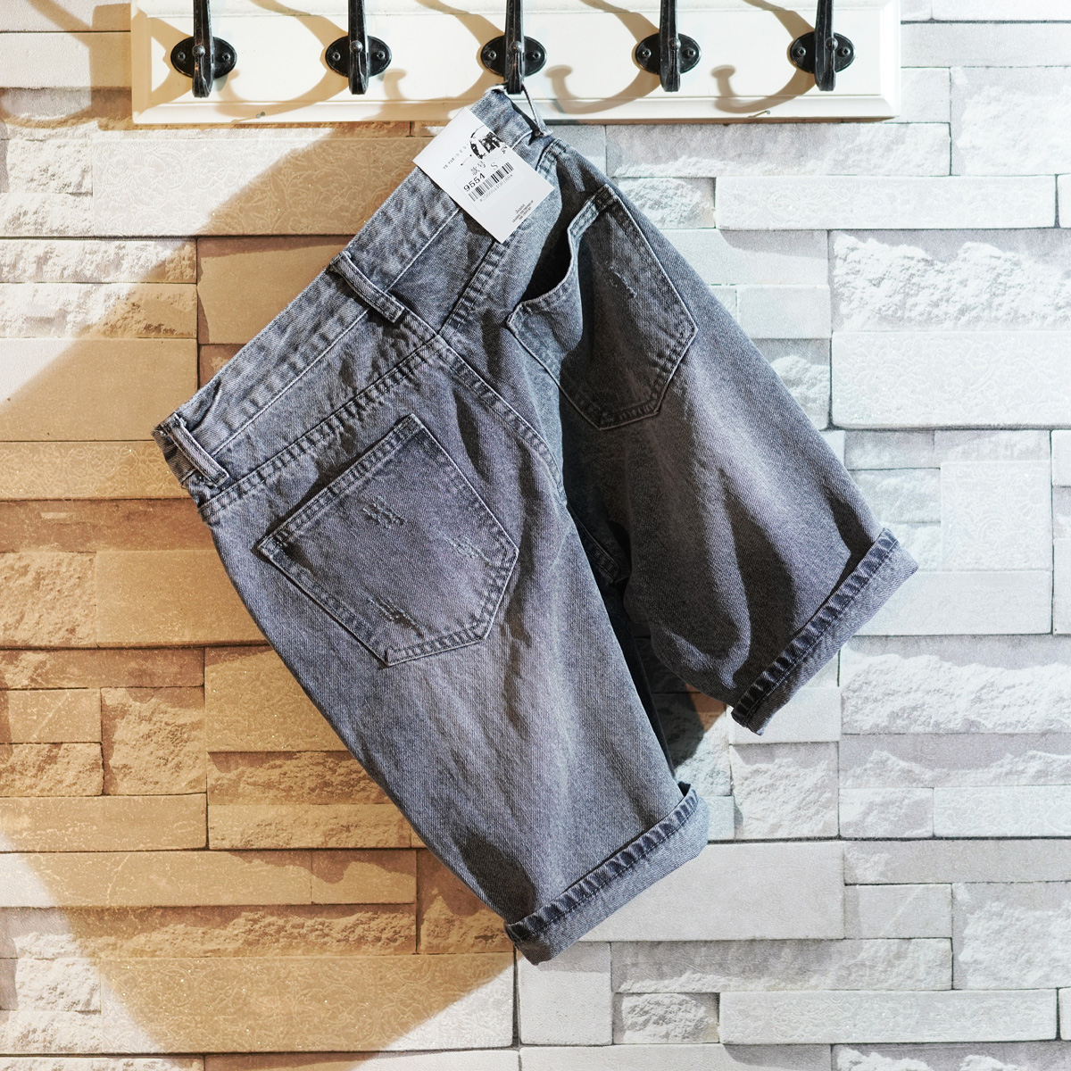 陈邦家▲夏季复古洗水灰蓝色小直筒百搭学生牛仔五分裤男潮流短裤