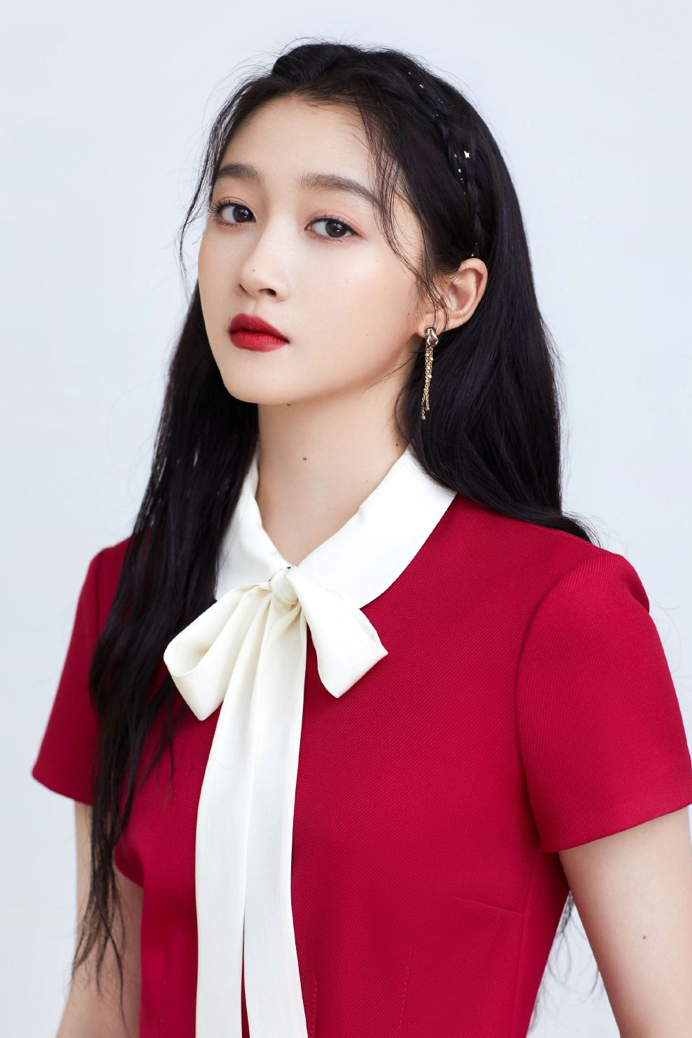 欧洲站2021年夏季新品明星关晓彤同款娃娃飘带蝴蝶结连衣裙