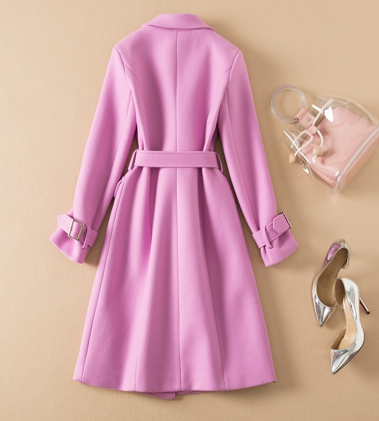 欧洲站2021年秋冬女装走秀款时尚气质显瘦粉色中长毛呢外套