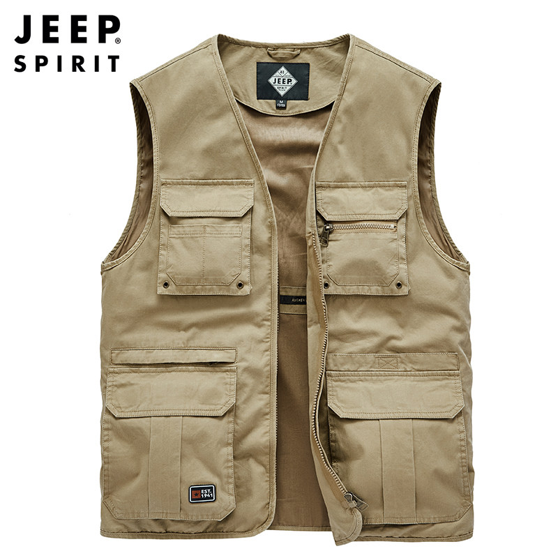 jeep纯棉马甲春秋休闲摄影师多口口袋工装背心背心