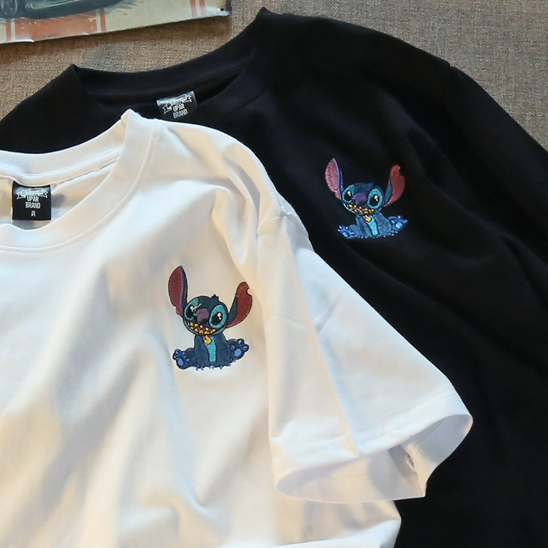 「Rise潮」美式卡通刺绣史迪仔短袖t恤男女潮流宽松半袖衫ins上衣