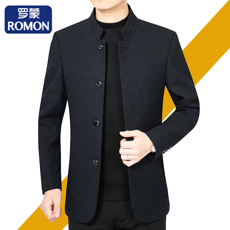 罗蒙毛呢夹克男装中年春秋新款男士休闲爸爸装羊毛呢子外套中山装