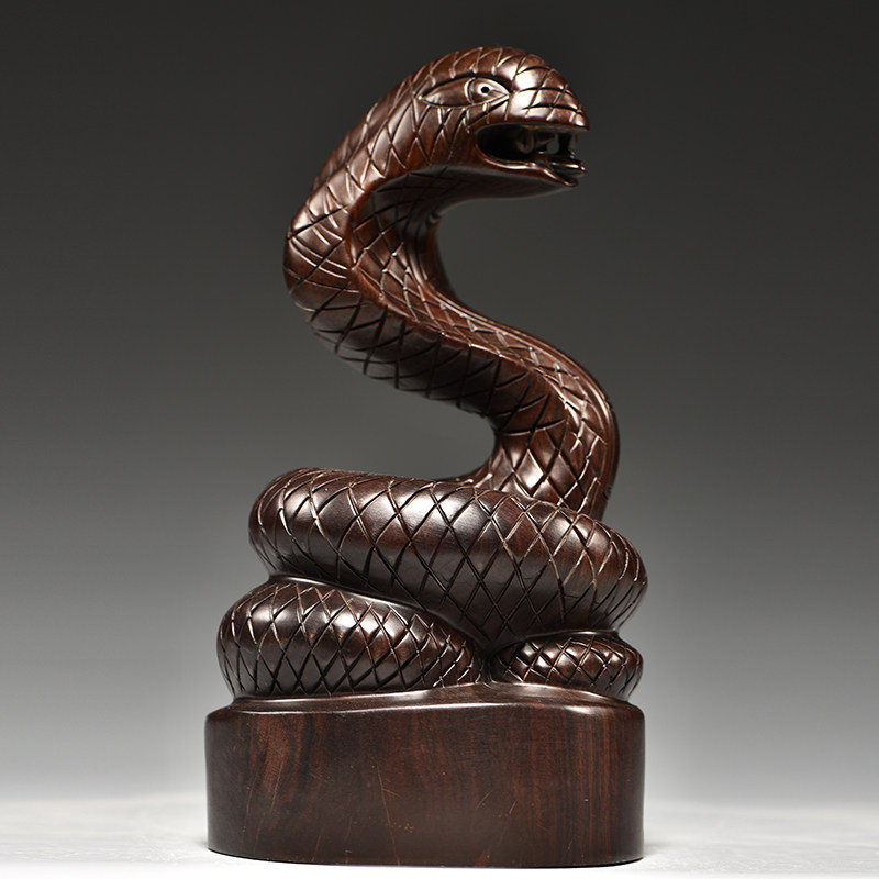 檀木木雕摆件三合十二生肖木头眼镜蛇家居客厅装饰装饰摆件