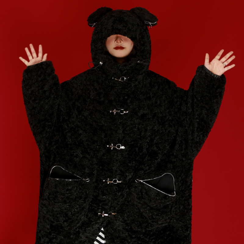 嬉游记原创2020新款纯色中长款毛绒棉服女可爱立体耳朵保暖厚外套