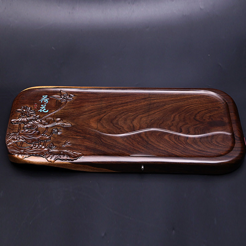 荷趣荷花荷叶茶盘实木大号整体平板家用办公室茶盘