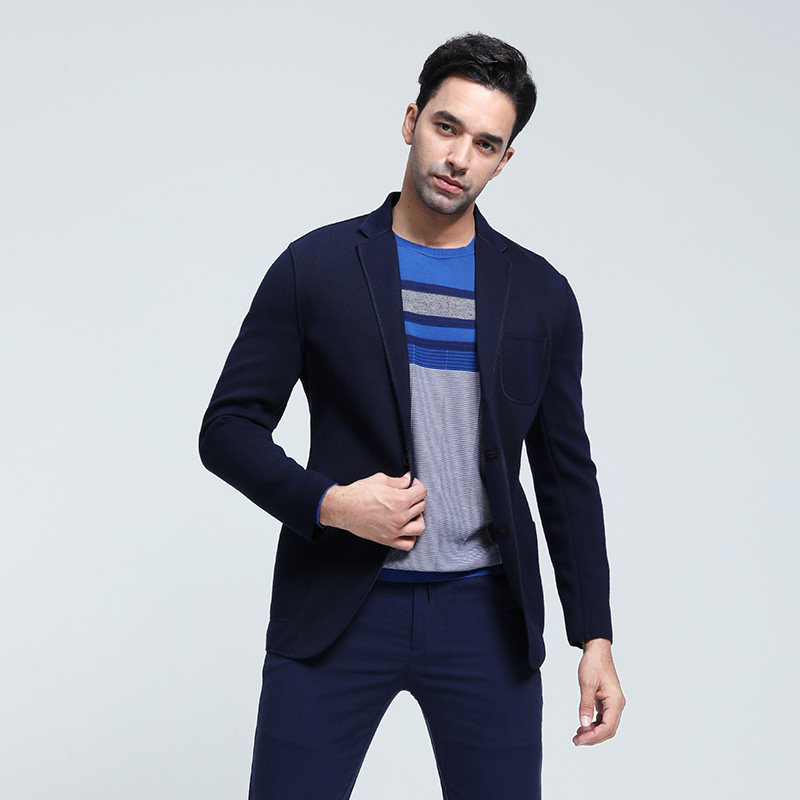 顺美男装蓝色男士时尚商务休闲开衫西服修身针织衫