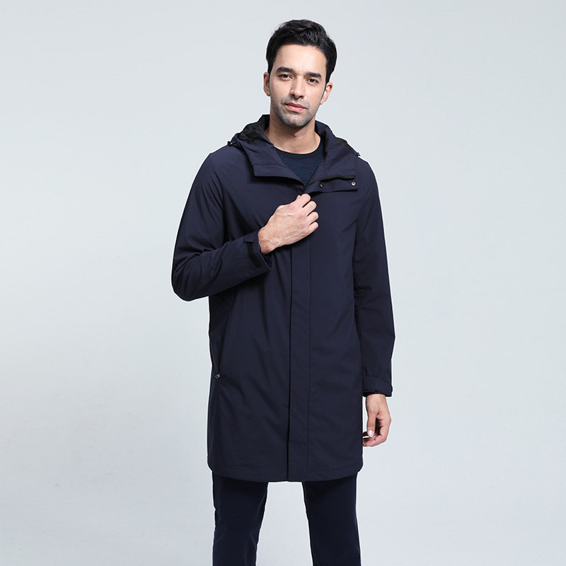 顺美男装藏蓝蓝色商务休闲连帽中长款薄纯色风衣
