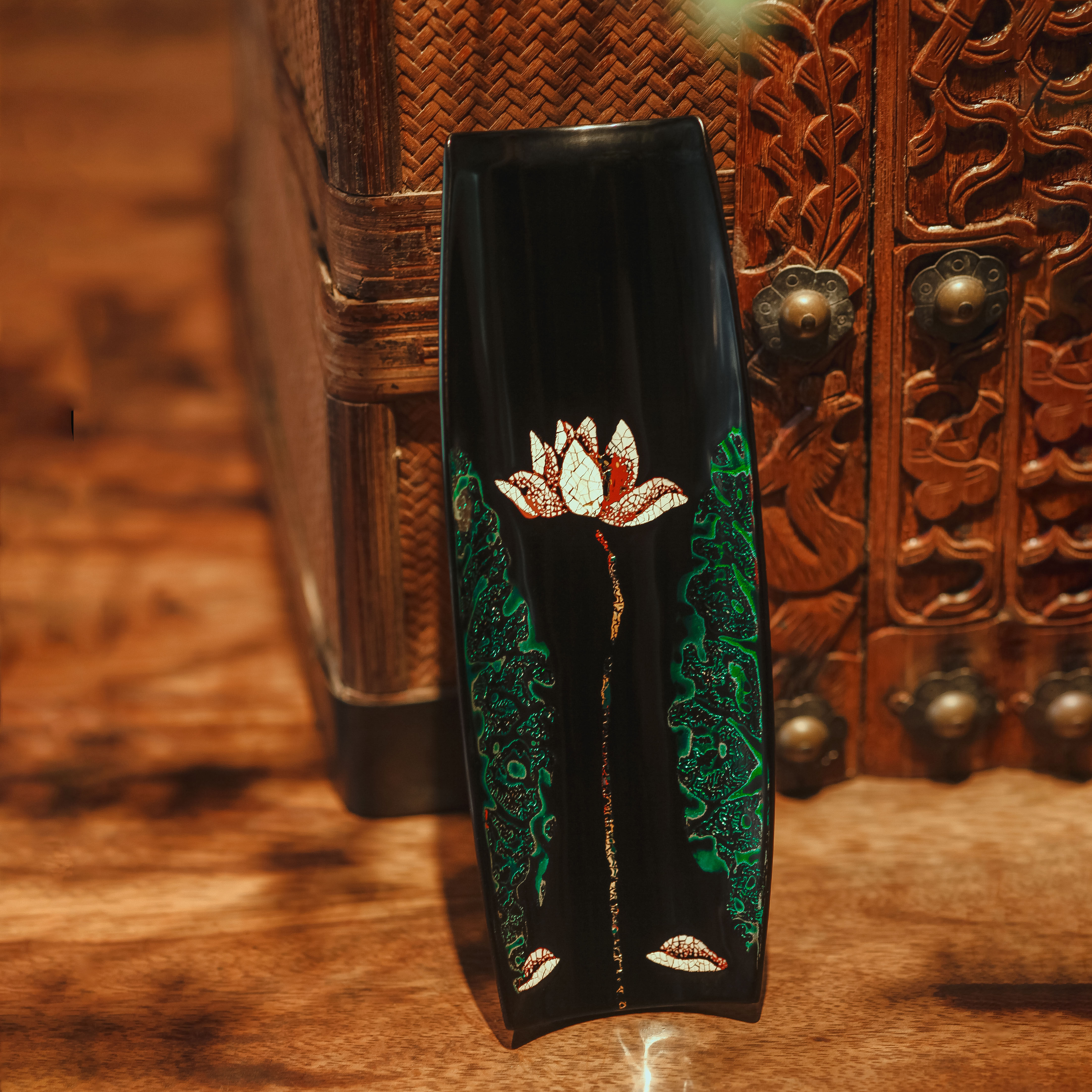 那莲唐物一朵莲系列大漆蛋壳镶嵌漆器茶荷茶铲茶道