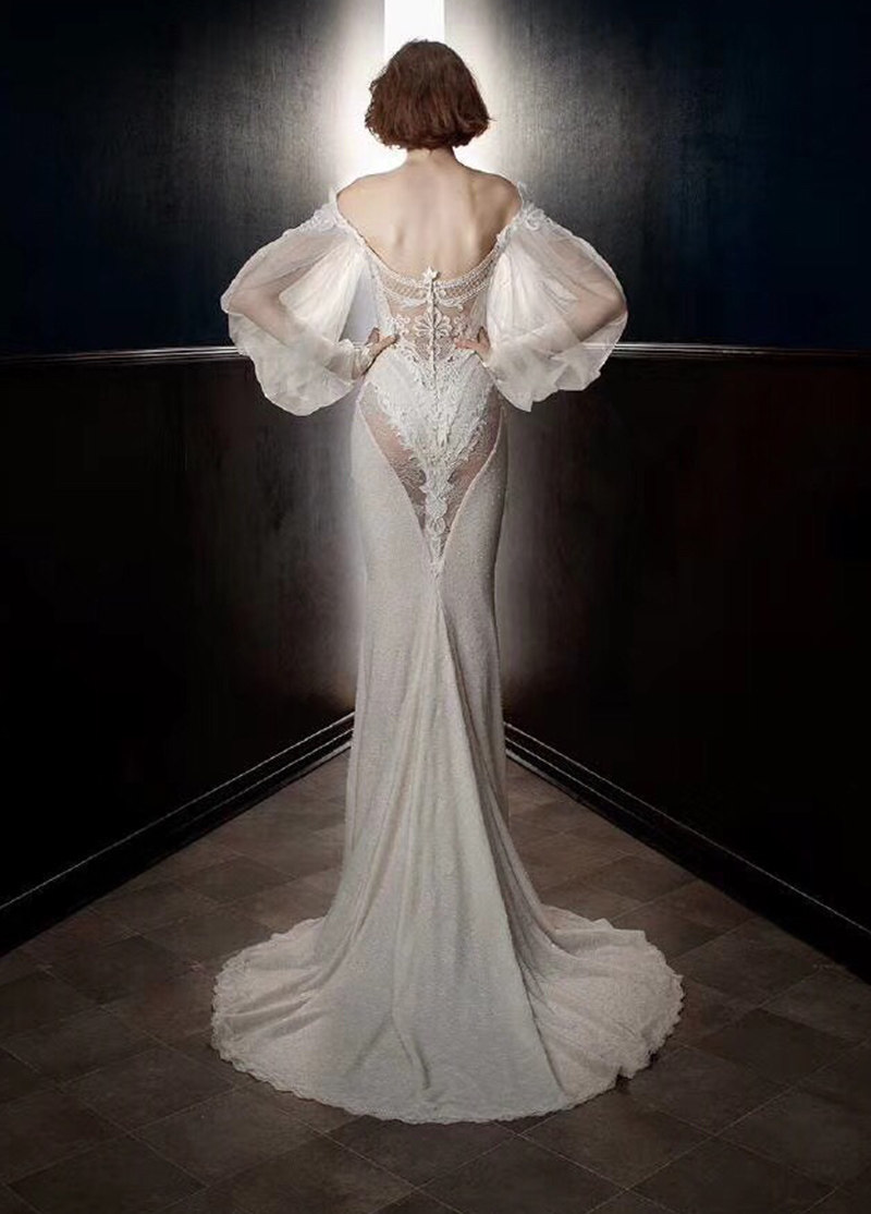 性感鱼尾婚纱可拆卸拖尾网红吉娜爱丽丝一字泡泡婚纱