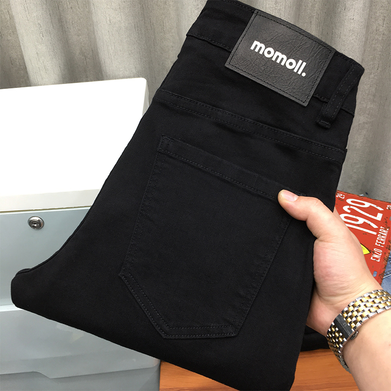 黑色牛仔裤男春夏薄款韩版潮流高端修身小脚休闲纯黑九分裤动力牛