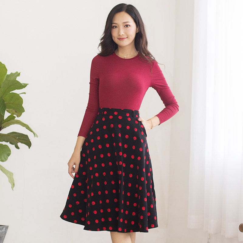半身裙子圆点高腰中长点半优雅法式秋装长裙半身裙