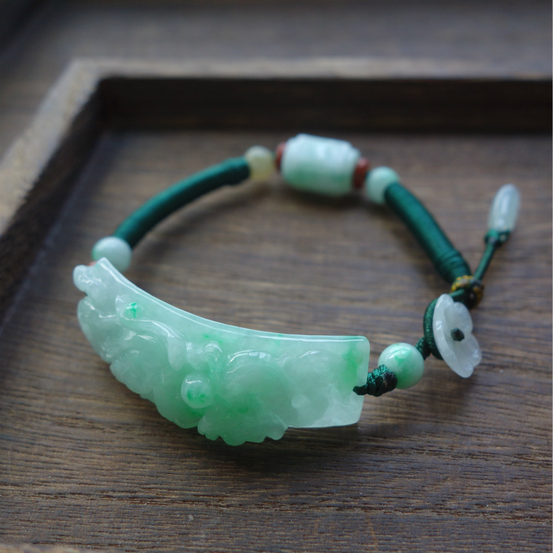 天然翡翠手排弯条多宝手链手工编绳玉手牌新款个性复古文艺男女