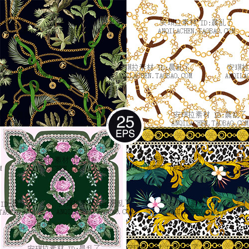 大牌奢华巴洛克热带植物锁链丝巾地毯挂毯印花设计素材